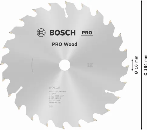 Bosch PRO Wood circular saw blade 184mm for precise wood cutting.