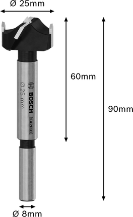 Bosch EXPERT laminated wood hinge cutting drill bit, 25mm diameter.