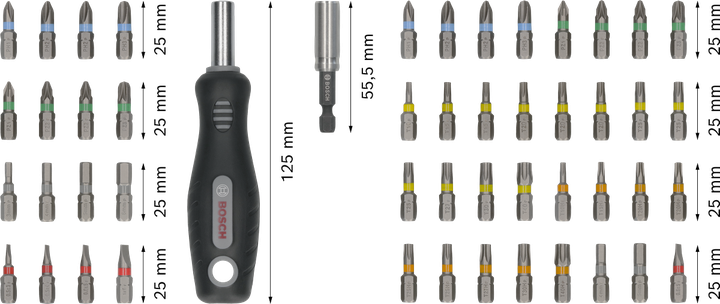 Bosch Extra Hard Screwdriver Bit Set 50 pcs with handle.