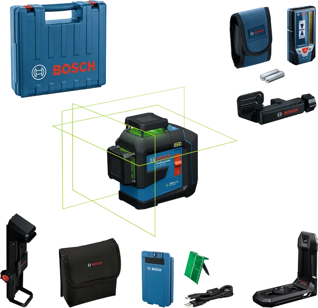 Bosch GLL 80-33 G laser leveling tool with accessories.