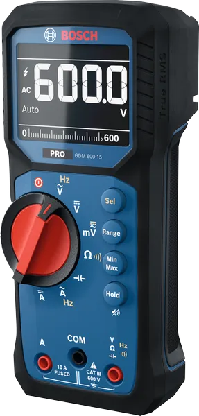 Bosch GDM 600-15 digital multimeter displaying 600 volts.