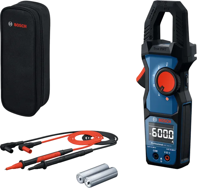 Bosch digital clamp meter kit with leads, case, and AA batteries.
