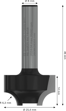 Bosch PRO Router Bit Ovolo R 6.3 shank 8 mm for edge shaping.