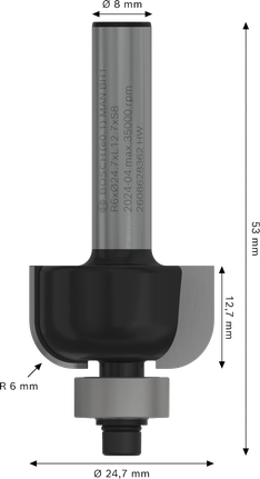 Bosch PRO Router Bit Cove R 6 with 8 mm shank.