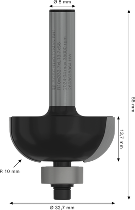 Bosch PRO Router Bit Cove R 10 shank 8 mm for woodworking.