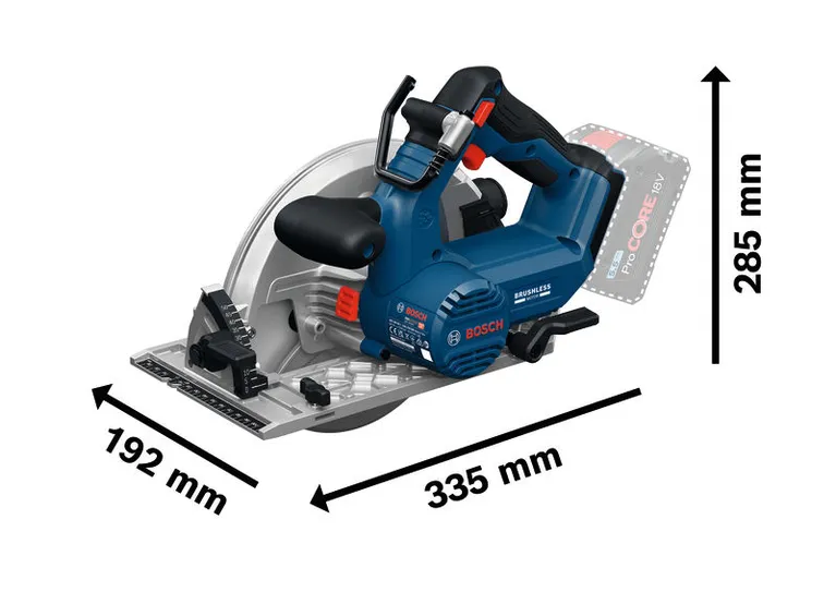 Bosch GKS 18V-68-2 cordless circular saw with size dimensions.