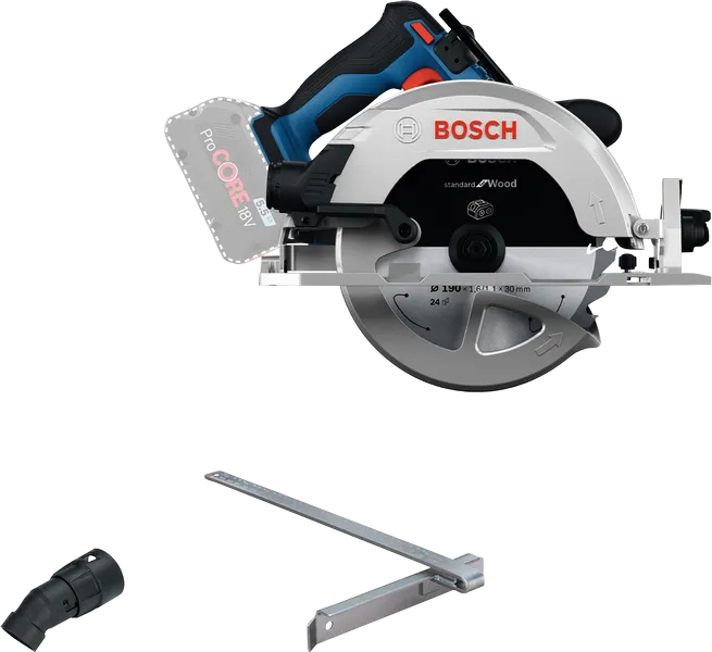 Bosch GKS 18V-68 circular saw with guide and connector.