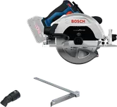 Bosch GKS 18V-68 circular saw with guide and connector.