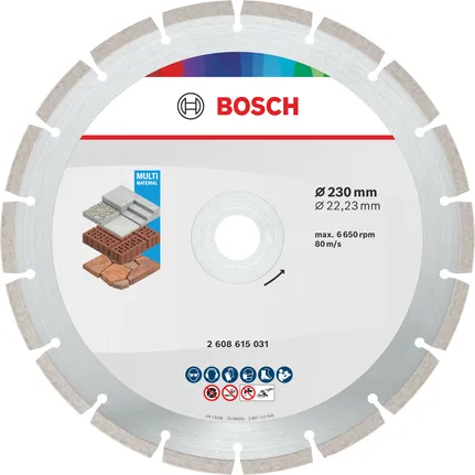 Bosch Multi Material Diamond Cutting Disc 230 mm for various construction materials.
