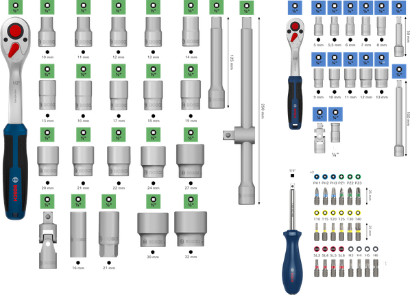 Bosch 1/4" + 1/2" ratchet set 80 pieces with sockets and bits.
