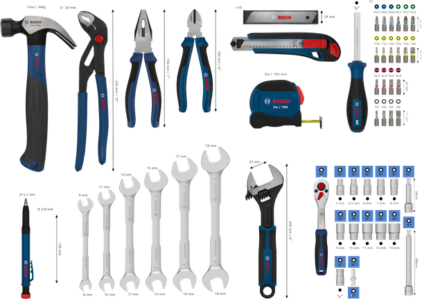 Bosch Hand Tool Mixed Set 89 pcs with wrench and screwdriver assortment.