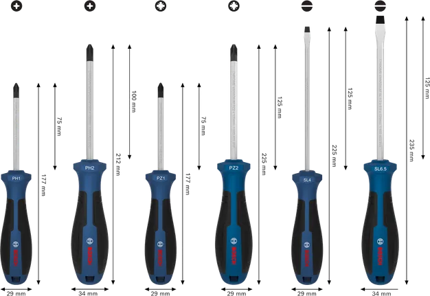 Bosch screwdriver set PH/PZ/SL, 6 pcs with chrome vanadium shafts.