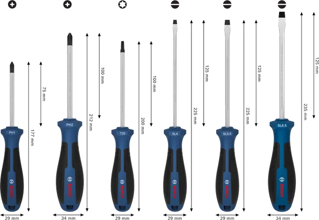 Bosch 6-piece screwdriver set with chrome vanadium shafts.
