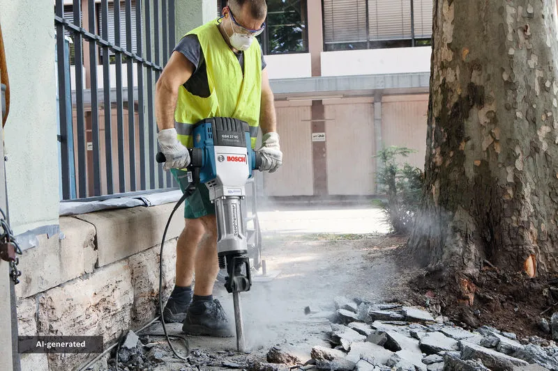 A person wearing safety equipment breaks pavement outdoors with a large electric breaker.