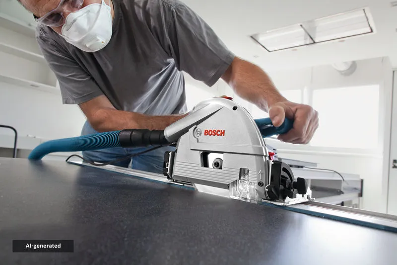 A person wearing safety equipment cuts a panel with a plunge saw attached to a guide rail.