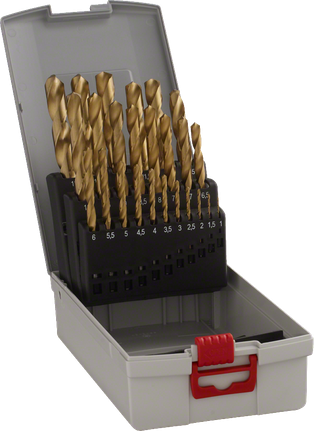 Bosch 25-piece ProBox HSS-TiN metal drill bit set.