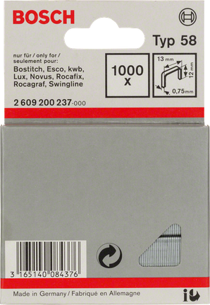 Συνδετήρες Bosch Typ 58 13mm 0,75mm, συσκευασία 1000 τεμαχίων.