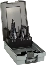 Σετ τρυπανιών βαθμιδωτού τύπου HSS-AlTiN Bosch 3 τεμαχίων σε θήκη.