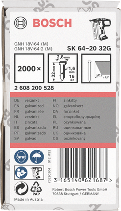 Γαλβανισμένα καρφιά Bosch SK 64-20 32G, συσκευασία 2000 τεμαχίων.