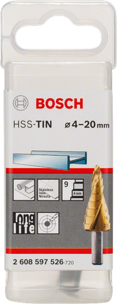 Τρυπάνι Bosch HSS-TiN με βαθμιδωτό άκρο 4–20 mm.