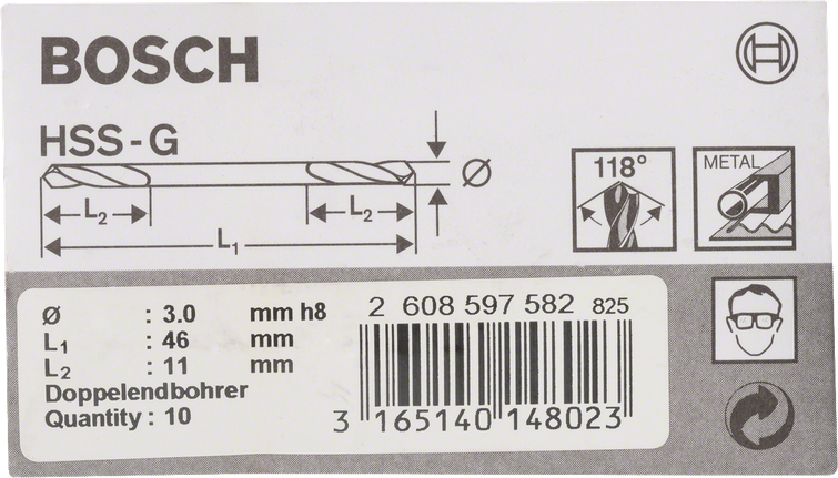 Τρυπάνια Bosch HSS-G 3,0 mm διπλής απόληξης.