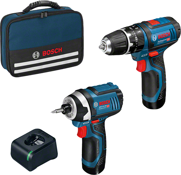 Κιτ συνδυασμού Bosch GSB 12V-15 με τρυπάνι, κρουστικό κατσαβίδι και τσάντα εργαλείων.