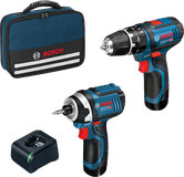 Κιτ συνδυασμού Bosch GSB 12V-15 με τρυπάνι, κρουστικό κατσαβίδι και τσάντα εργαλείων.