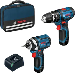 Κιτ συνδυασμού Bosch GSB 12V-15 με τρυπάνι, κρουστικό κατσαβίδι και τσάντα εργαλείων.