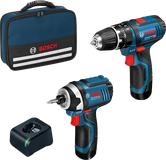 Κιτ συνδυασμού Bosch GSB 12V-15 με τρυπάνι, κρουστικό κατσαβίδι και τσάντα εργαλείων.