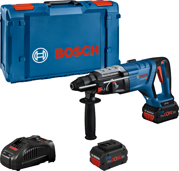 Περιστροφικό κρουστικό δράπανο Bosch GBH 18V-28 με θήκη και μπαταρίες.