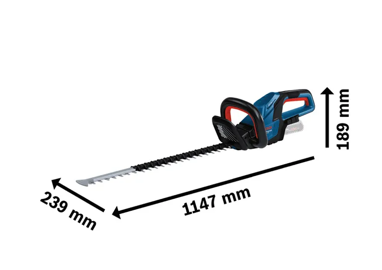 Ασύρματο ψαλίδι μπορντούρας Bosch GHE 18V-60 με διαστάσεις.