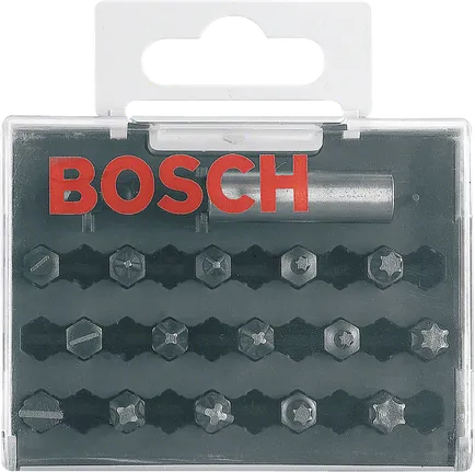 Σετ κατσαβιδιών Bosch με διάφορες κεφαλές σε θήκη.