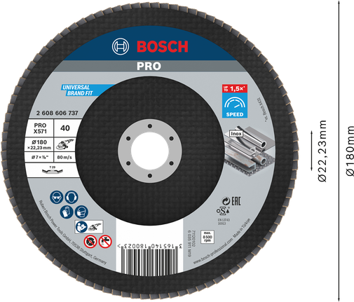 Δίσκος με πτερύγια Bosch PRO X571 180 mm G40 για λείανση μετάλλων.