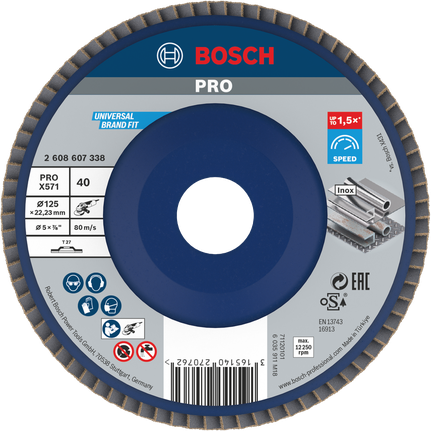 Δίσκος με πτερύγια Bosch PRO X571 125mm G40 για γρήγορη λείανση μετάλλου.