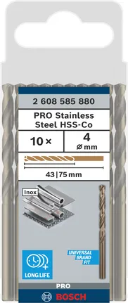 Bosch PRO Ανοξείδωτο ατσάλι HSS-Co Ελικοειδές τρυπάνι 4 mm, συσκευασία των 10 τεμαχίων.