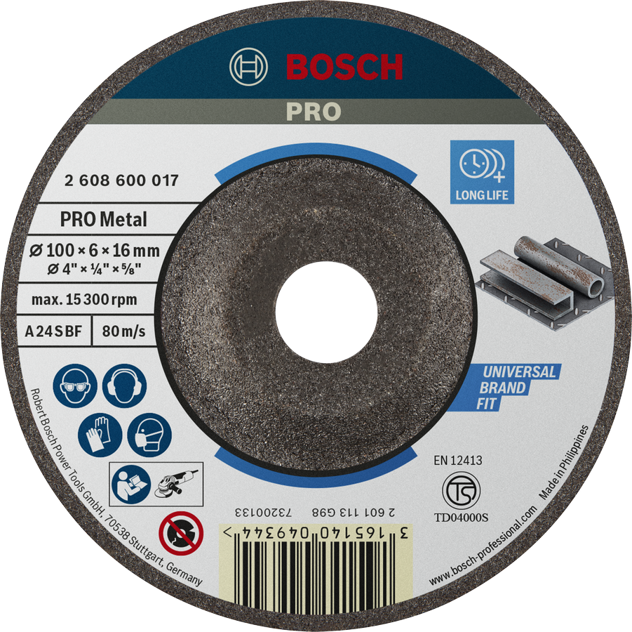 Δίσκος λείανσης μετάλλου Bosch PRO, 100 x 6 x 16 mm.