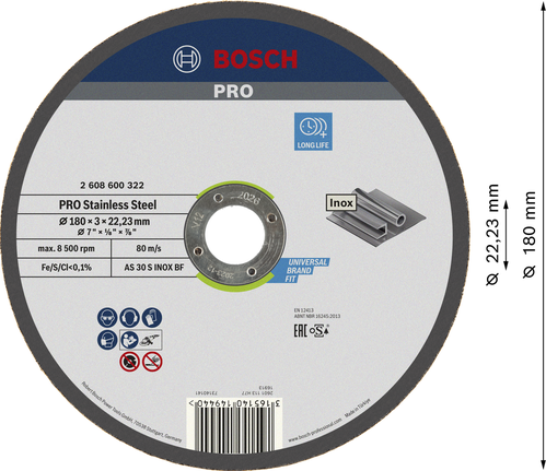 Δίσκος κοπής από ανοξείδωτο χάλυβα Bosch PRO 180x3x22,23 mm.