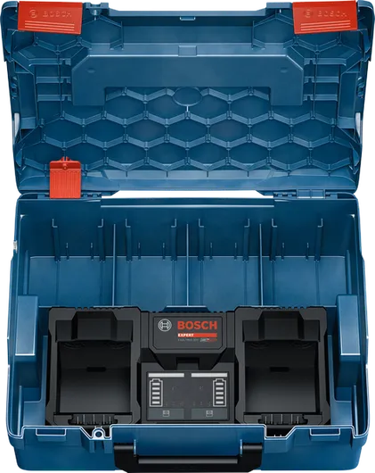 Διπλός φορτιστής μπαταρίας 18V Bosch σε μπλε θήκη αποθήκευσης.
