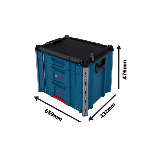 Θήκη μεταφοράς Bosch L-BOXX Contractor Drawer 3 με τις διαστάσεις που εμφανίζονται.