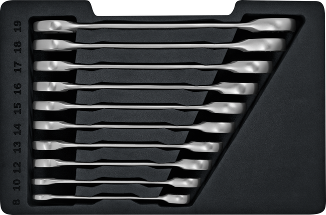 Σετ κλειδιών καστάνιας Bosch 10 τεμαχίων σε δίσκο αφρώδους υλικού.