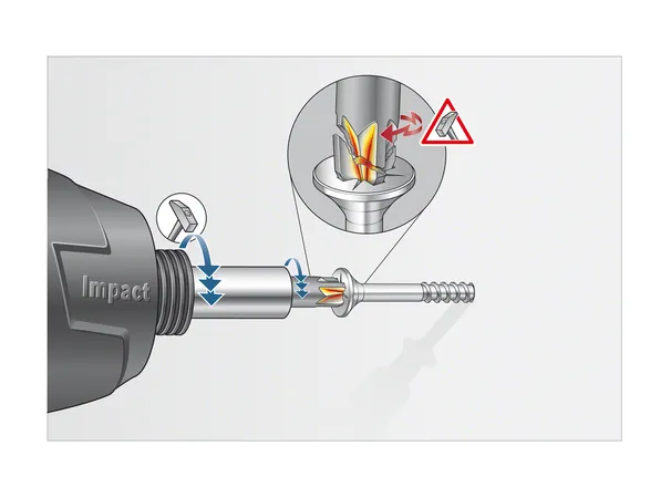 Κρουστικό κατσαβίδι που σφίγγει μια βίδα με ένα κοντινό πλάνο που δείχνει την κίνηση της μύτης.