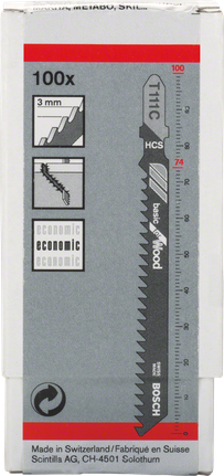 Bosch list ubodne pile T 111 C za drvo, bočno razvedeni glodani zupci.