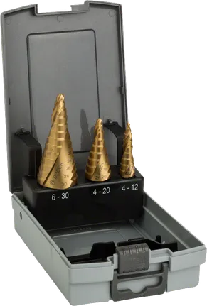 Bosch set od 3 HSS-TiN stupnjevitih svrdala u kutiji.