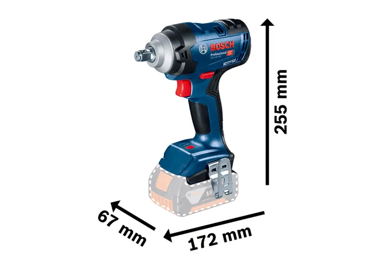Bosch GDS 18V-400 akumulatorski udarni ključ s dimenzijama.