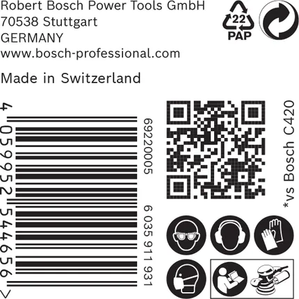 Bosch C420 naljepnica sa sigurnosnim ikonama i barkodom.