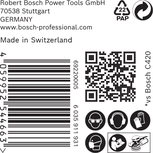 Bosch C420 naljepnica s barkodom i sigurnosnim ikonama.