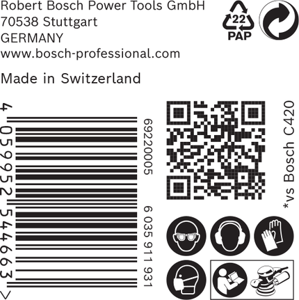 Bosch C420 naljepnica s barkodom i sigurnosnim ikonama.