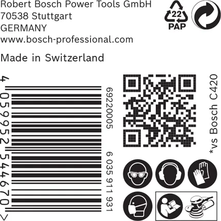 Naljepnica za brusni papir Bosch EXPERT C470 sa sigurnosnim ikonama.