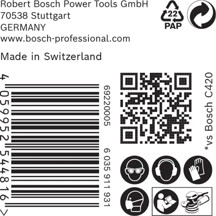 Naljepnica za brusni papir Bosch EXPERT C470 sa sigurnosnim ikonama.