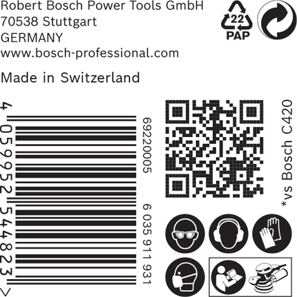 Naljepnica za brusni papir Bosch EXPERT C470 sa sigurnosnim ikonama.